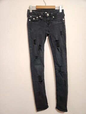 True Religion Skinny Flap Faded Black Distressed Low Rise Jeans Y2K Grunge